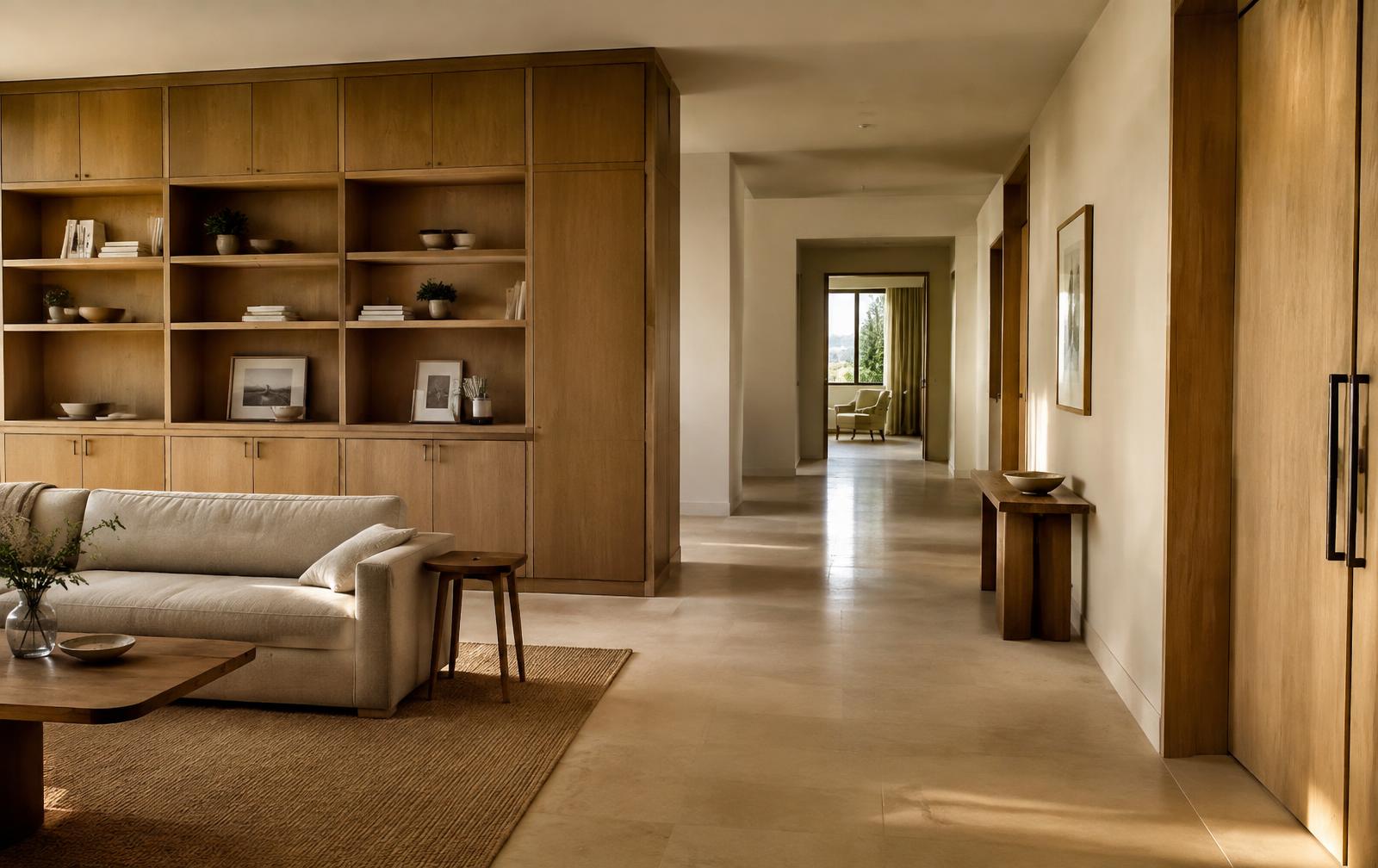 A calm, uncluttered luxury home with built-in oak cabinetry